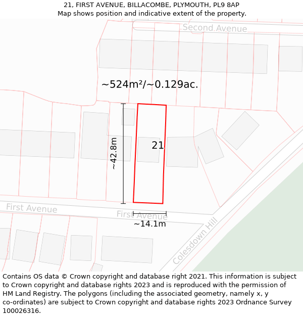 21, FIRST AVENUE, BILLACOMBE, PLYMOUTH, PL9 8AP: Plot and title map