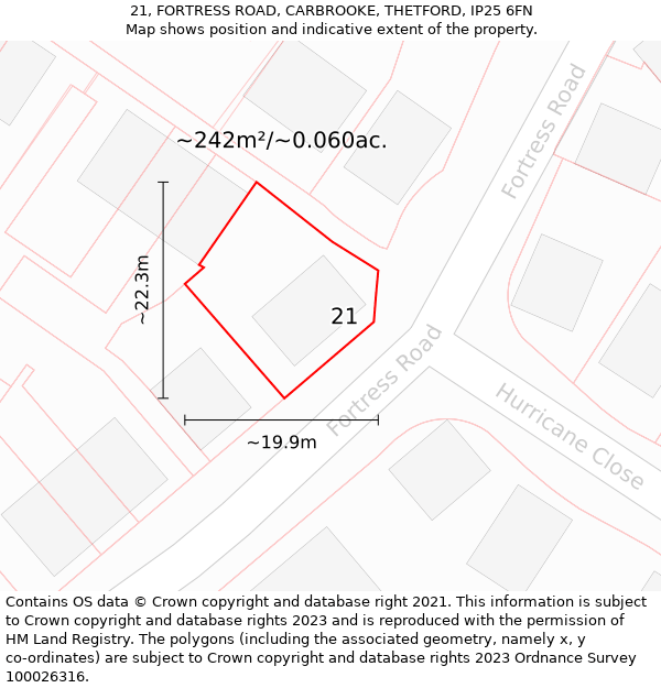 21, FORTRESS ROAD, CARBROOKE, THETFORD, IP25 6FN: Plot and title map