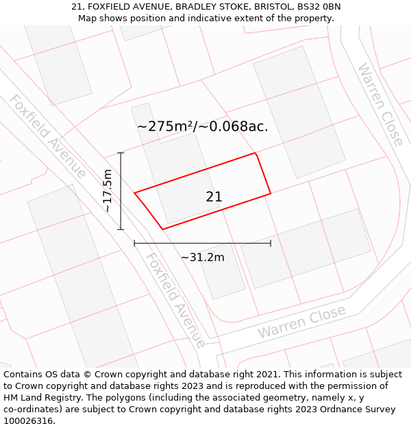 21, FOXFIELD AVENUE, BRADLEY STOKE, BRISTOL, BS32 0BN: Plot and title map