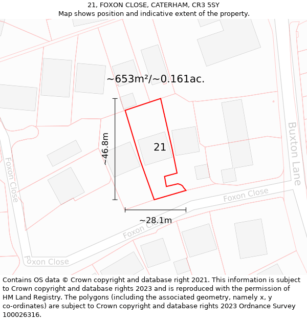 21, FOXON CLOSE, CATERHAM, CR3 5SY: Plot and title map