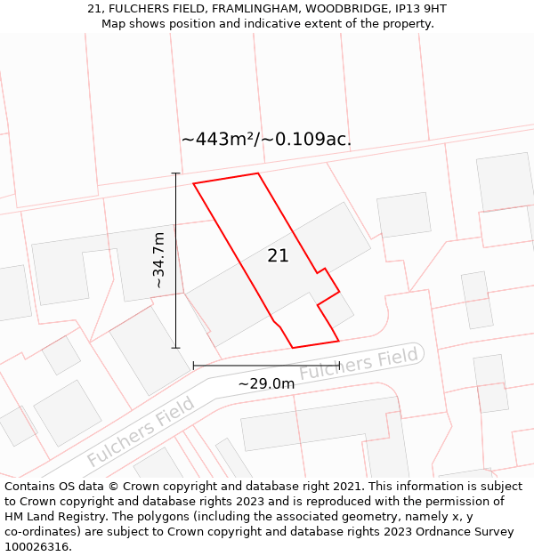 21, FULCHERS FIELD, FRAMLINGHAM, WOODBRIDGE, IP13 9HT: Plot and title map