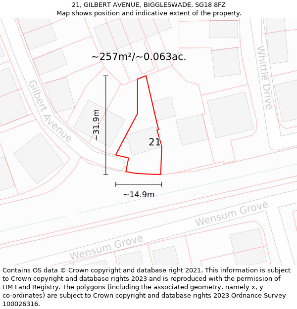 21, GILBERT AVENUE, BIGGLESWADE, SG18 8FZ: Plot and title map