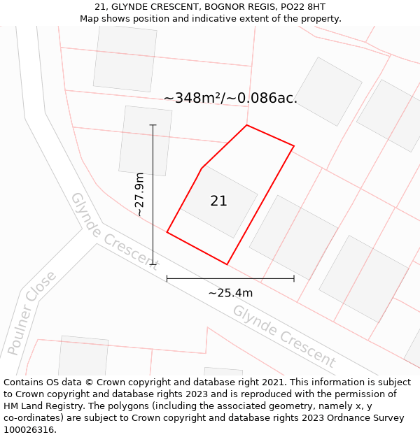 21, GLYNDE CRESCENT, BOGNOR REGIS, PO22 8HT: Plot and title map