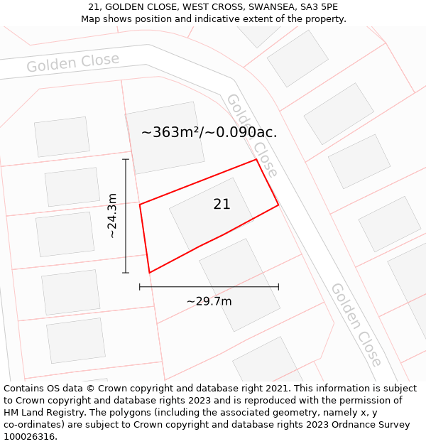 21, GOLDEN CLOSE, WEST CROSS, SWANSEA, SA3 5PE: Plot and title map