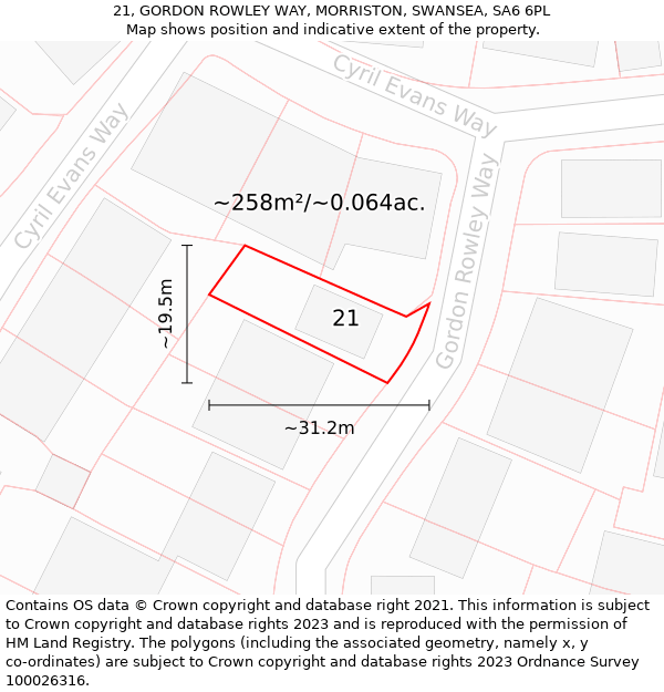 21, GORDON ROWLEY WAY, MORRISTON, SWANSEA, SA6 6PL: Plot and title map