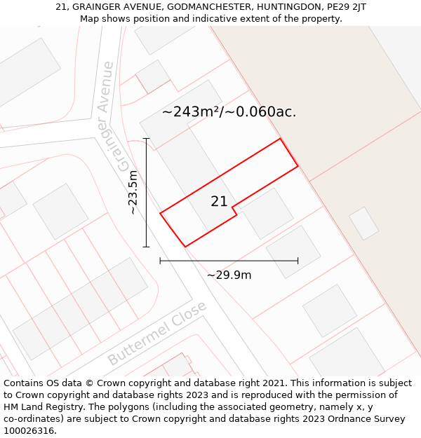 21, GRAINGER AVENUE, GODMANCHESTER, HUNTINGDON, PE29 2JT: Plot and title map