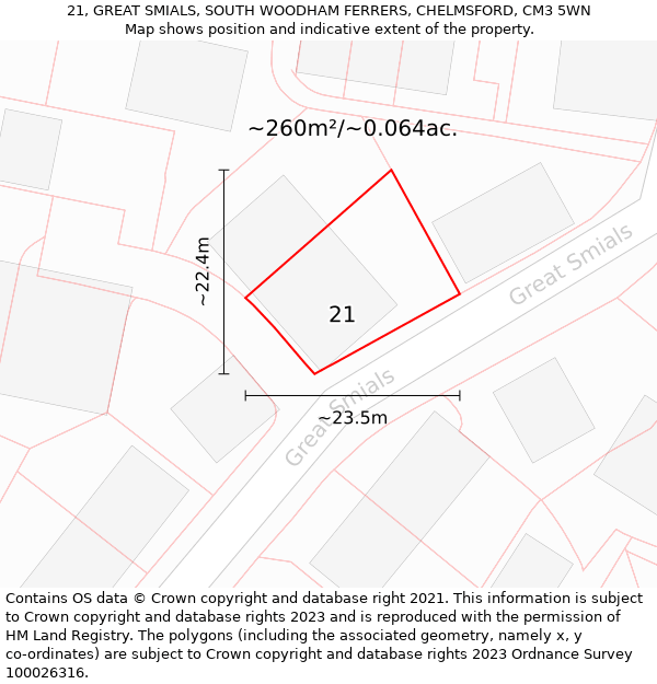21, GREAT SMIALS, SOUTH WOODHAM FERRERS, CHELMSFORD, CM3 5WN: Plot and title map