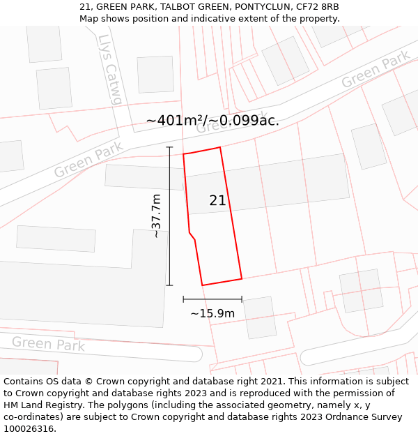 21, GREEN PARK, TALBOT GREEN, PONTYCLUN, CF72 8RB: Plot and title map