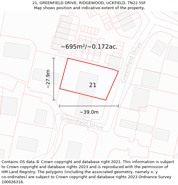 21, GREENFIELD DRIVE, RIDGEWOOD, UCKFIELD, TN22 5SF: Plot and title map