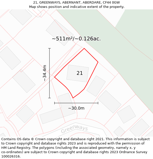 21, GREENWAYS, ABERNANT, ABERDARE, CF44 0GW: Plot and title map