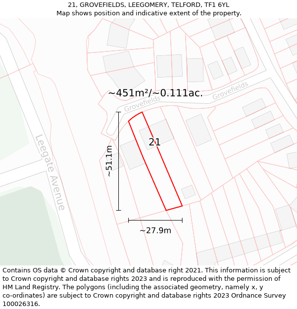 21, GROVEFIELDS, LEEGOMERY, TELFORD, TF1 6YL: Plot and title map
