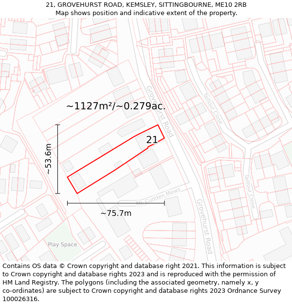 21, GROVEHURST ROAD, KEMSLEY, SITTINGBOURNE, ME10 2RB: Plot and title map