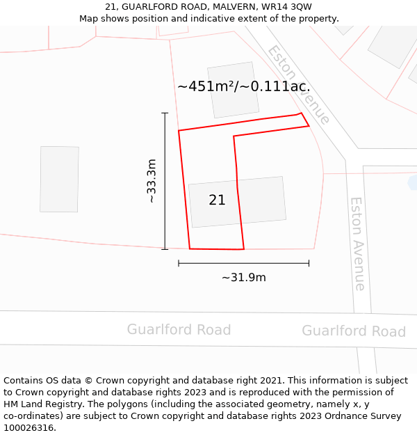 21, GUARLFORD ROAD, MALVERN, WR14 3QW: Plot and title map