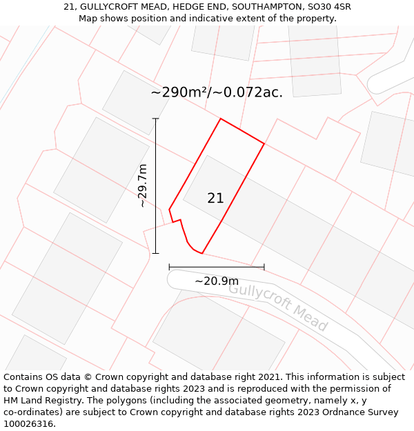 21, GULLYCROFT MEAD, HEDGE END, SOUTHAMPTON, SO30 4SR: Plot and title map