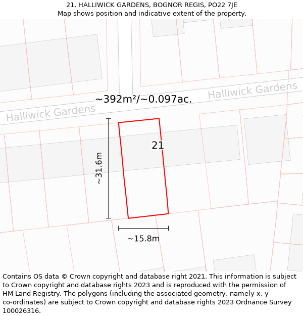 21, HALLIWICK GARDENS, BOGNOR REGIS, PO22 7JE: Plot and title map