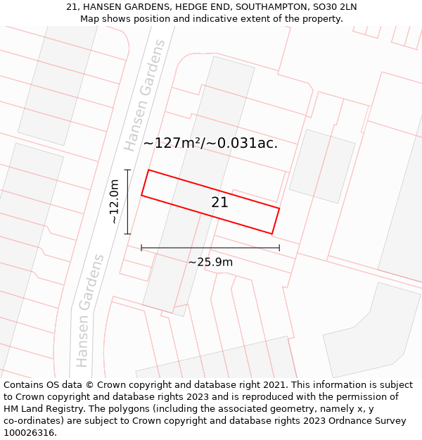 21, HANSEN GARDENS, HEDGE END, SOUTHAMPTON, SO30 2LN: Plot and title map