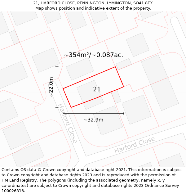 21, HARFORD CLOSE, PENNINGTON, LYMINGTON, SO41 8EX: Plot and title map