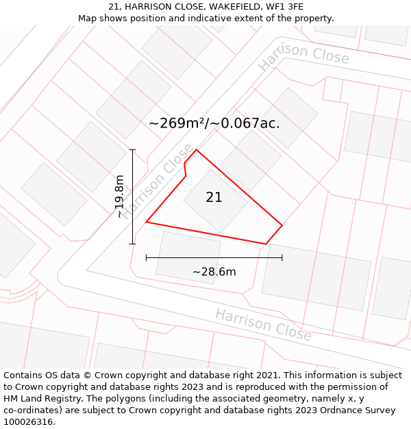 21, HARRISON CLOSE, WAKEFIELD, WF1 3FE: Plot and title map