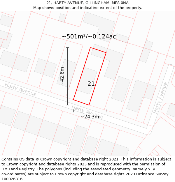 21, HARTY AVENUE, GILLINGHAM, ME8 0NA: Plot and title map