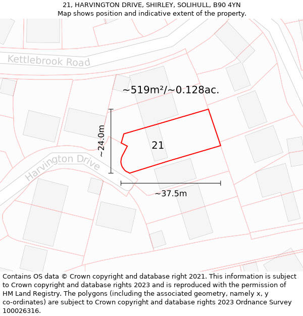 21, HARVINGTON DRIVE, SHIRLEY, SOLIHULL, B90 4YN: Plot and title map