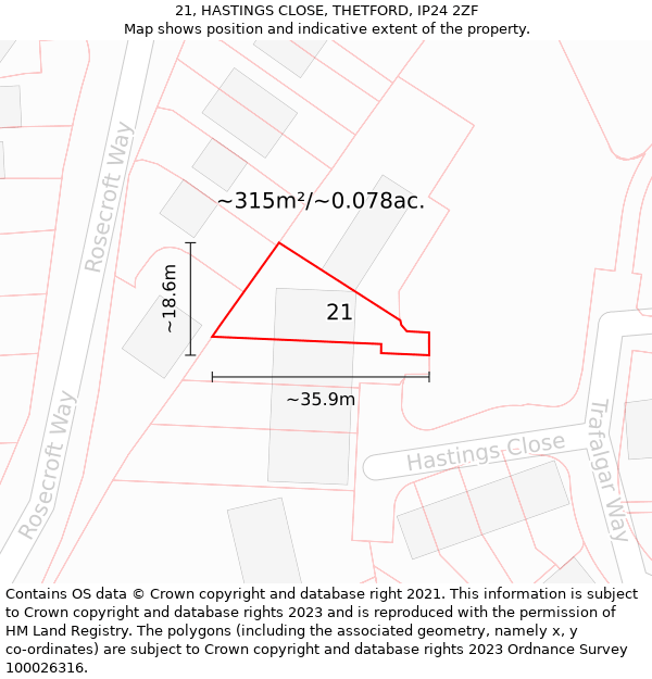 21, HASTINGS CLOSE, THETFORD, IP24 2ZF: Plot and title map