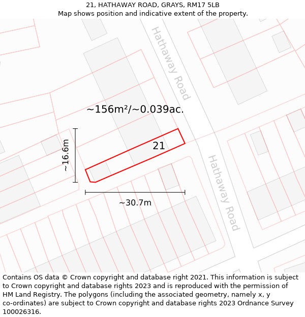 21, HATHAWAY ROAD, GRAYS, RM17 5LB: Plot and title map