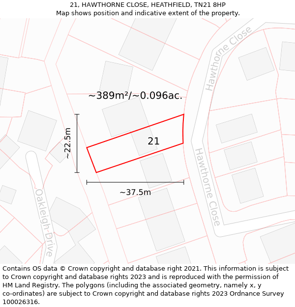 21, HAWTHORNE CLOSE, HEATHFIELD, TN21 8HP: Plot and title map