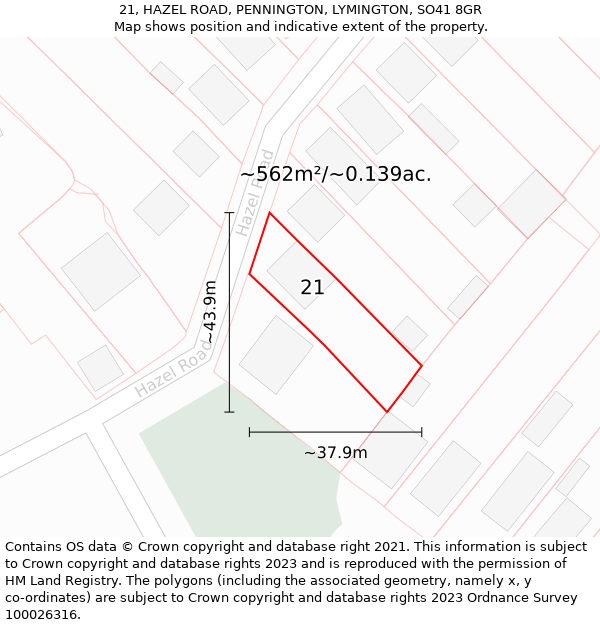 21, HAZEL ROAD, PENNINGTON, LYMINGTON, SO41 8GR: Plot and title map