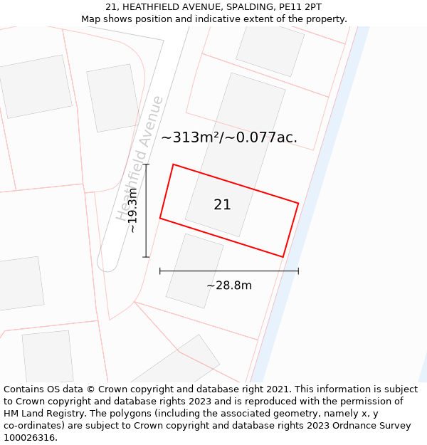 21, HEATHFIELD AVENUE, SPALDING, PE11 2PT: Plot and title map