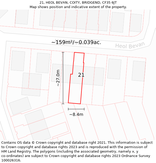21, HEOL BEVAN, COITY, BRIDGEND, CF35 6JT: Plot and title map