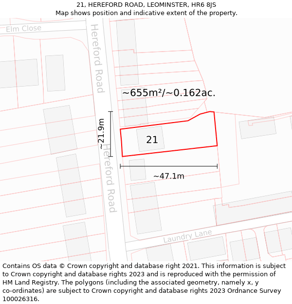 21, HEREFORD ROAD, LEOMINSTER, HR6 8JS: Plot and title map