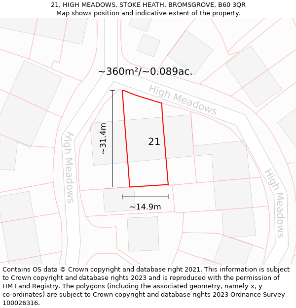 21, HIGH MEADOWS, STOKE HEATH, BROMSGROVE, B60 3QR: Plot and title map
