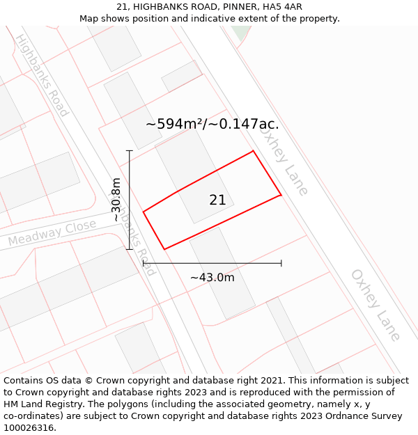 21, HIGHBANKS ROAD, PINNER, HA5 4AR: Plot and title map