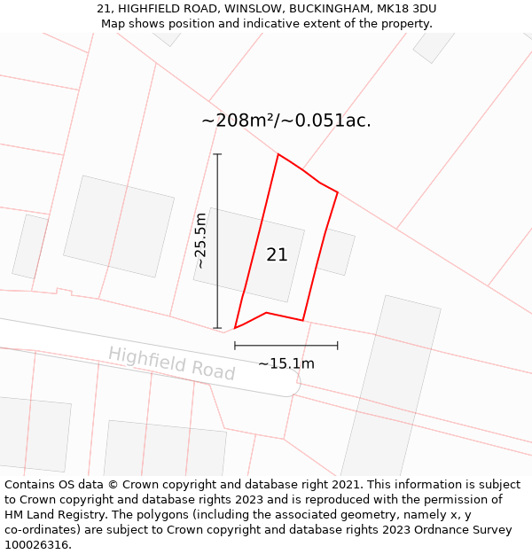 21, HIGHFIELD ROAD, WINSLOW, BUCKINGHAM, MK18 3DU: Plot and title map