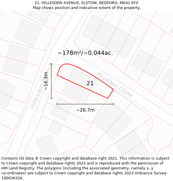 21, HILLESDEN AVENUE, ELSTOW, BEDFORD, MK42 9YX: Plot and title map