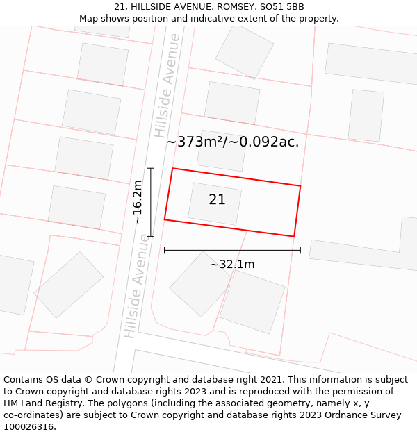 21, HILLSIDE AVENUE, ROMSEY, SO51 5BB: Plot and title map