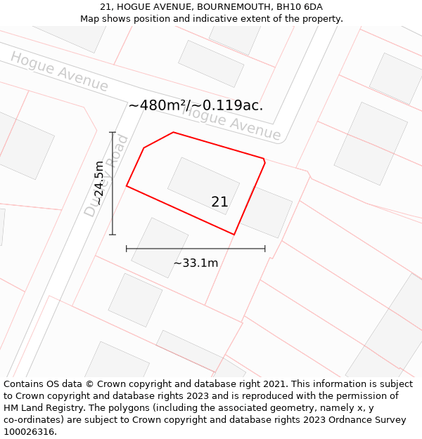 21, HOGUE AVENUE, BOURNEMOUTH, BH10 6DA: Plot and title map