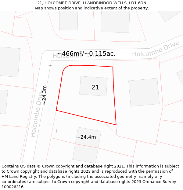 21, HOLCOMBE DRIVE, LLANDRINDOD WELLS, LD1 6DN: Plot and title map