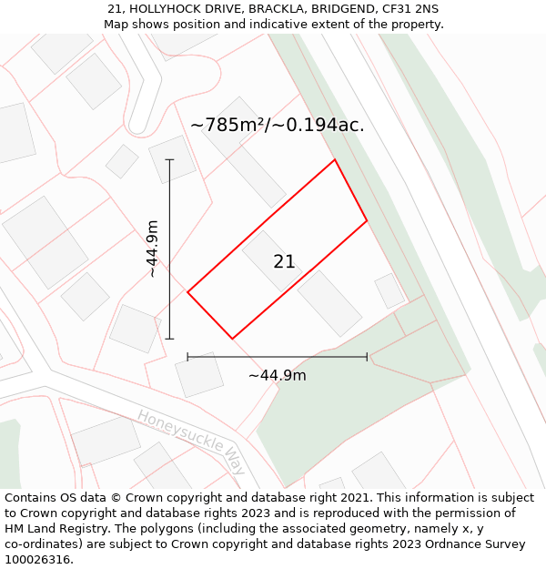 21, HOLLYHOCK DRIVE, BRACKLA, BRIDGEND, CF31 2NS: Plot and title map