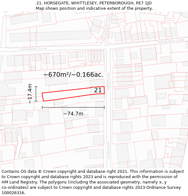 21, HORSEGATE, WHITTLESEY, PETERBOROUGH, PE7 1JD: Plot and title map