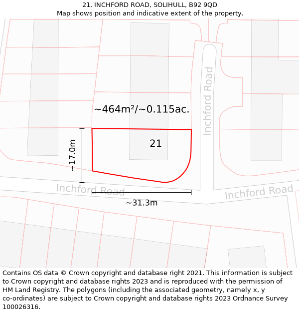 21, INCHFORD ROAD, SOLIHULL, B92 9QD: Plot and title map