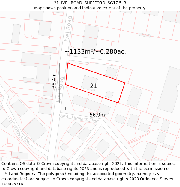 21, IVEL ROAD, SHEFFORD, SG17 5LB: Plot and title map