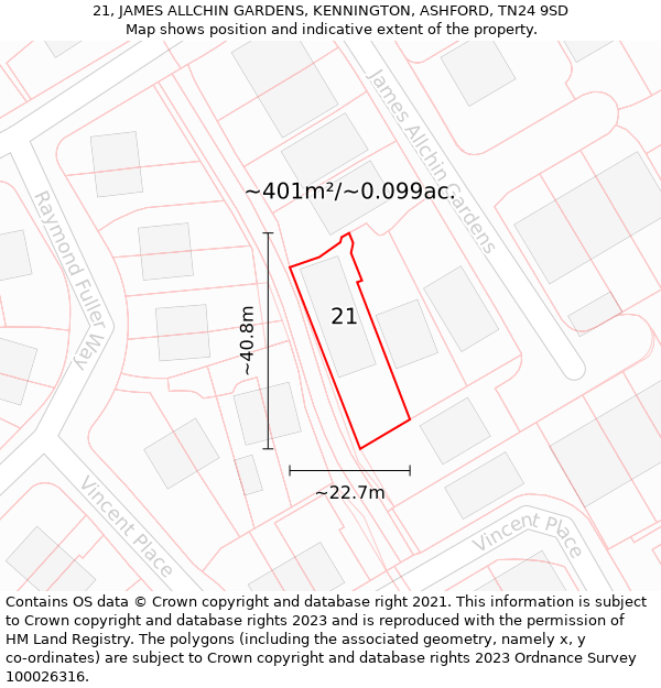 21, JAMES ALLCHIN GARDENS, KENNINGTON, ASHFORD, TN24 9SD: Plot and title map