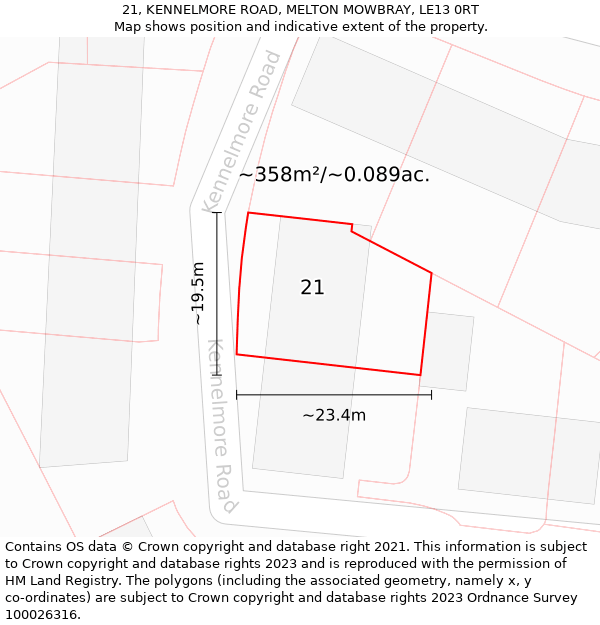 21, KENNELMORE ROAD, MELTON MOWBRAY, LE13 0RT: Plot and title map