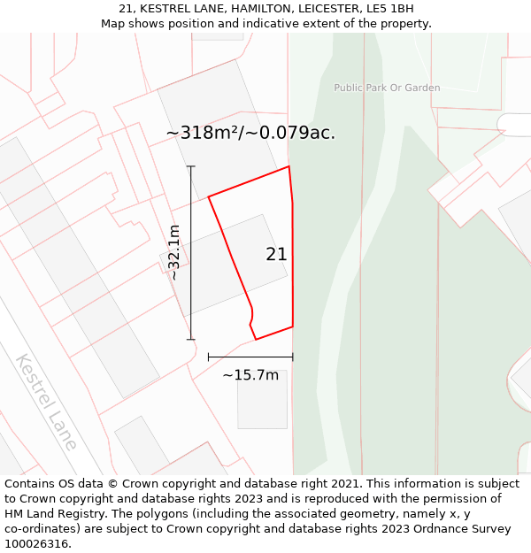 21, KESTREL LANE, HAMILTON, LEICESTER, LE5 1BH: Plot and title map