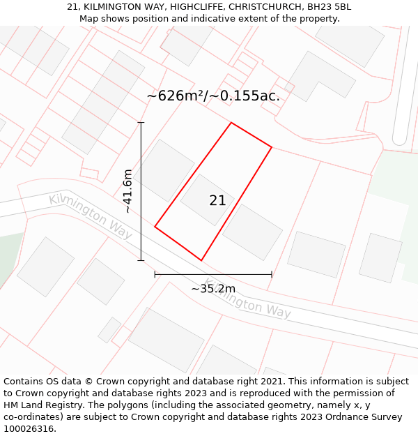 21, KILMINGTON WAY, HIGHCLIFFE, CHRISTCHURCH, BH23 5BL: Plot and title map