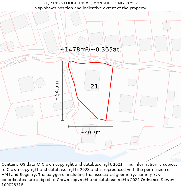 21, KINGS LODGE DRIVE, MANSFIELD, NG18 5GZ: Plot and title map