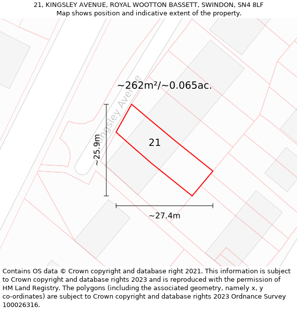 21, KINGSLEY AVENUE, ROYAL WOOTTON BASSETT, SWINDON, SN4 8LF: Plot and title map