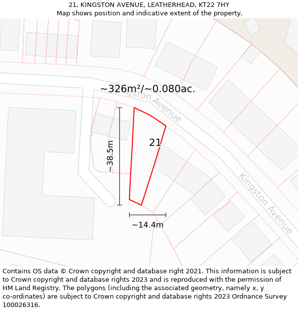 21, KINGSTON AVENUE, LEATHERHEAD, KT22 7HY: Plot and title map