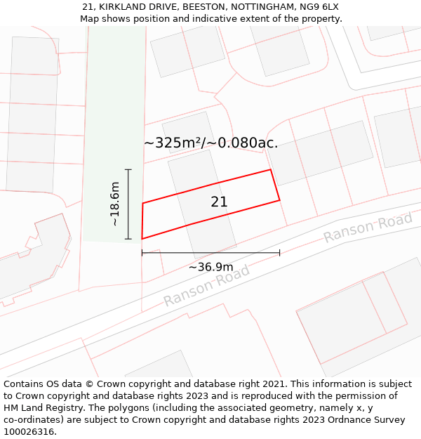 21, KIRKLAND DRIVE, BEESTON, NOTTINGHAM, NG9 6LX: Plot and title map